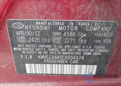 2012 Hyundai Sonata Hybrid z USA, uszkodzony, nr VIN KMHEC4A40CA034374